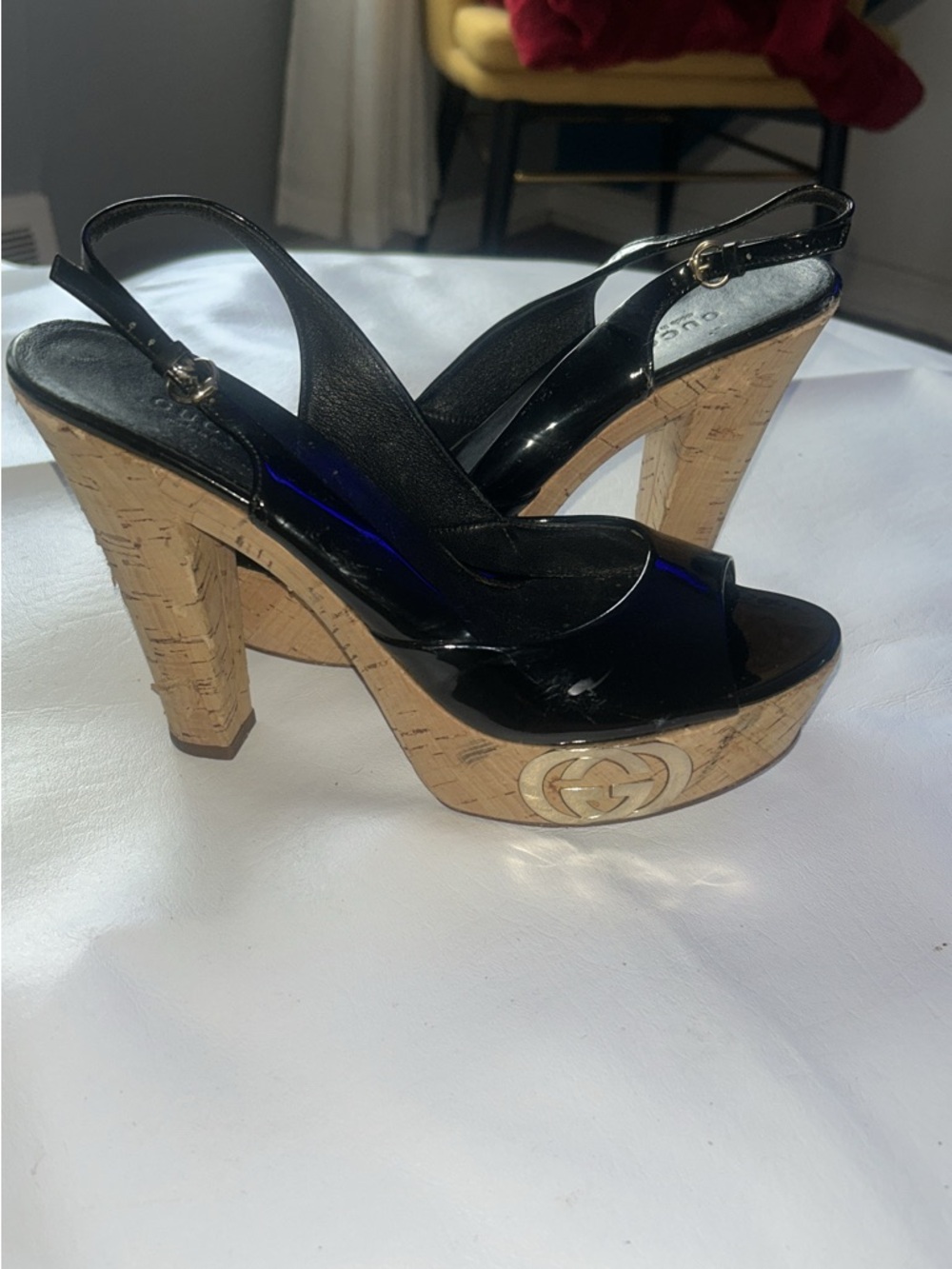 Gucci Black Patent Leather Cork Platform Heels with Gold Logo